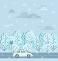Motorway. Winter road, car, road signs and snow. Atoban. Royalty Free Stock Photo
